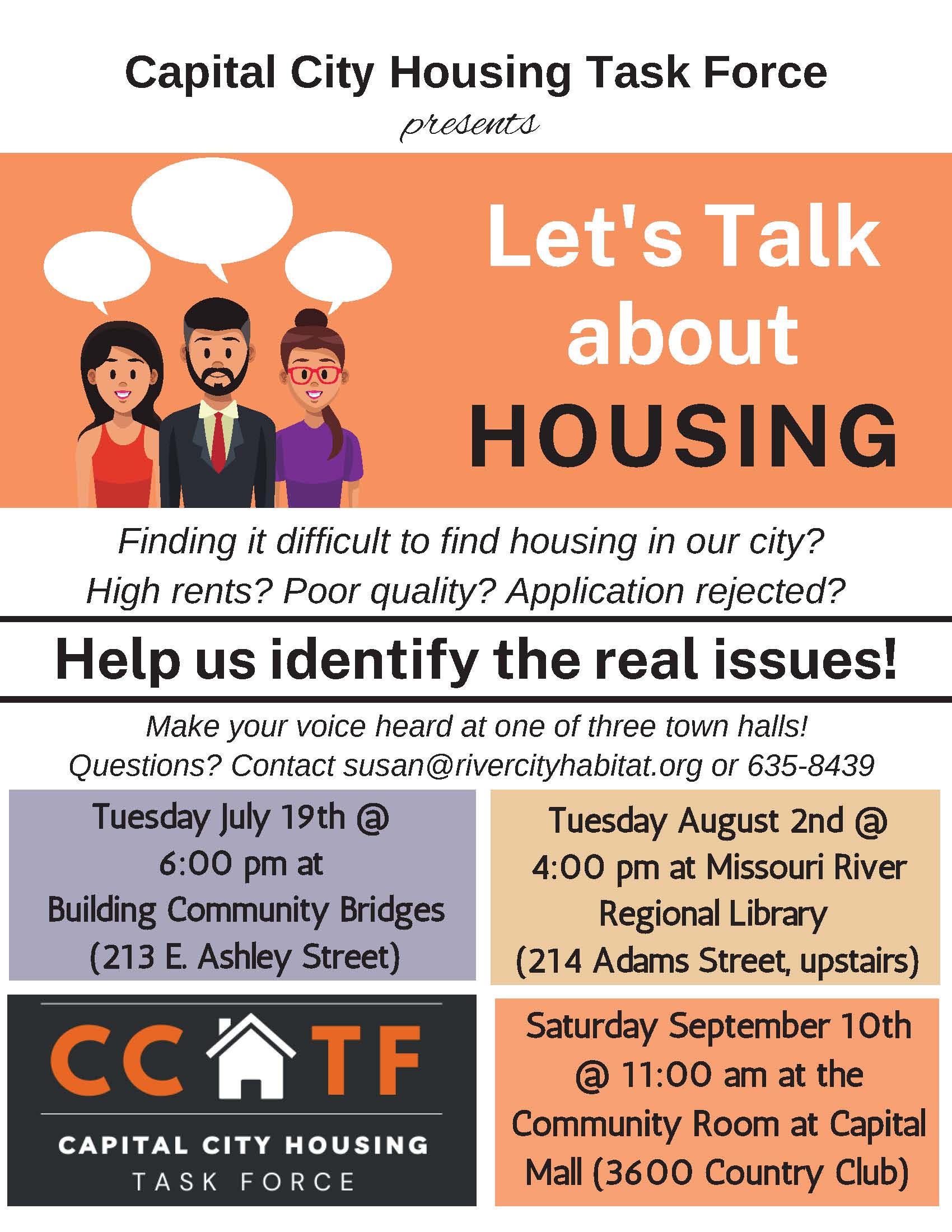 Capital City Housing Task Force - Town Hall Meeting on July 19 at 6 pm at Building Community Bridges on 213 E Ashley Street