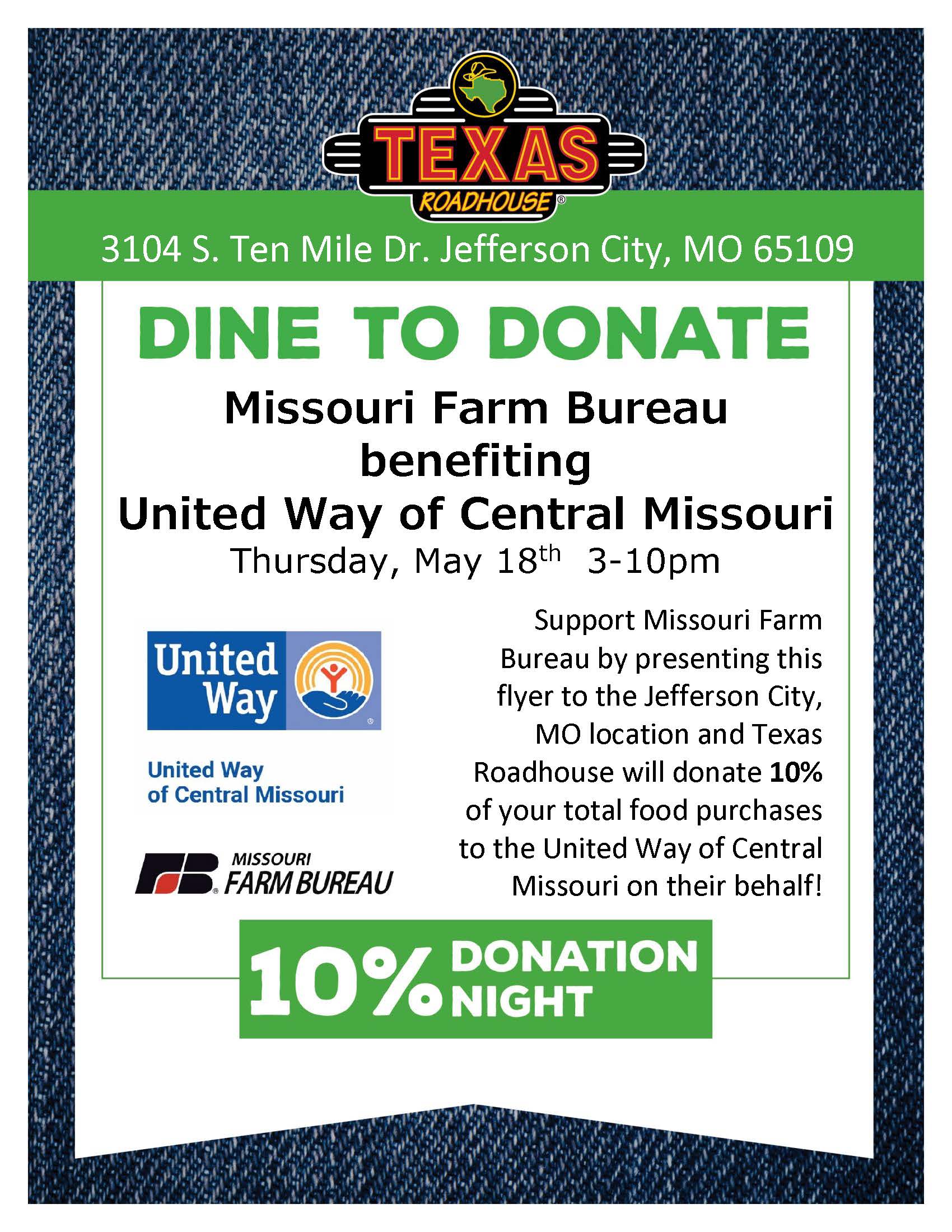 MOFB Dine to Donate Fundraiser at Texas Roadhouse benefiting United Way from 3 pm - 10 pm