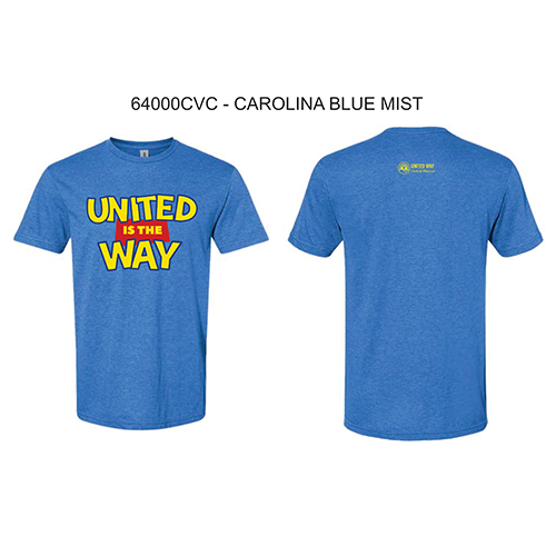 blue shirt with yellow text